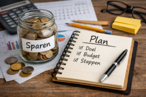 spaarpot met munten naast notitieboek met plan voor budget en stappen