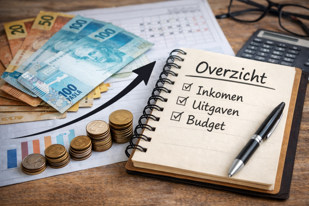 overzicht van geld en notitieboek met financieel plan voor rust en structuur