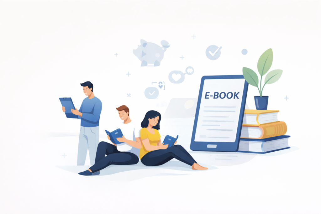 illustratie van mensen die e-books lezen in een moderne digitale omgeving