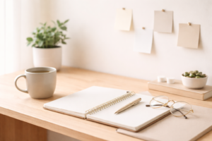 minimalistische werkplek met notitieboek en pen voor overzicht en structuur